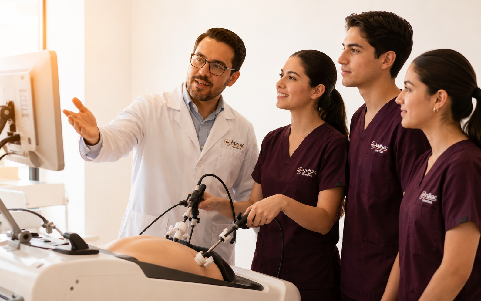 Docente guiando a estudiantes de medicina frente a un simulador clínico