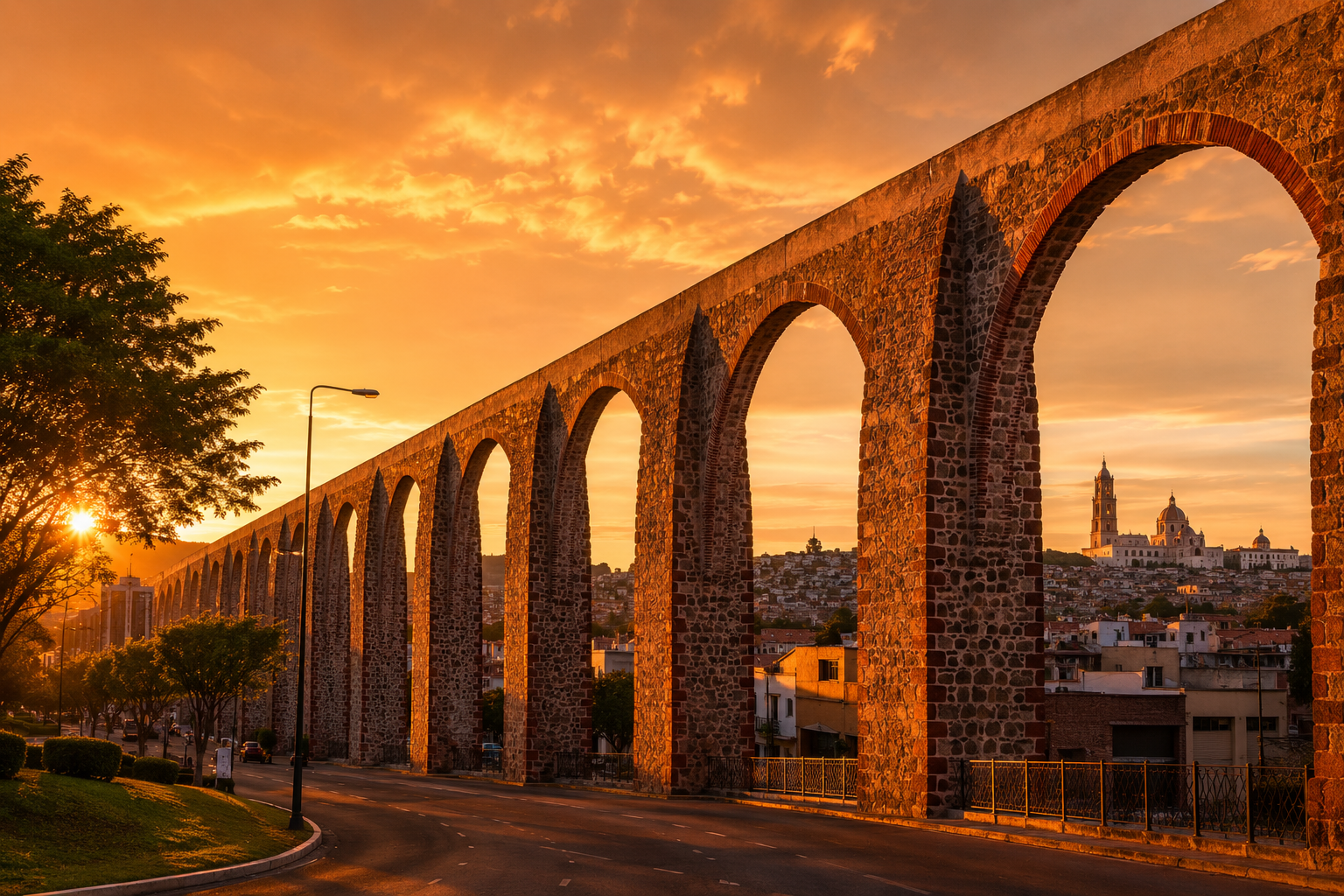 Acueducto de Querétaro y Centro Histórico a la hora dorada