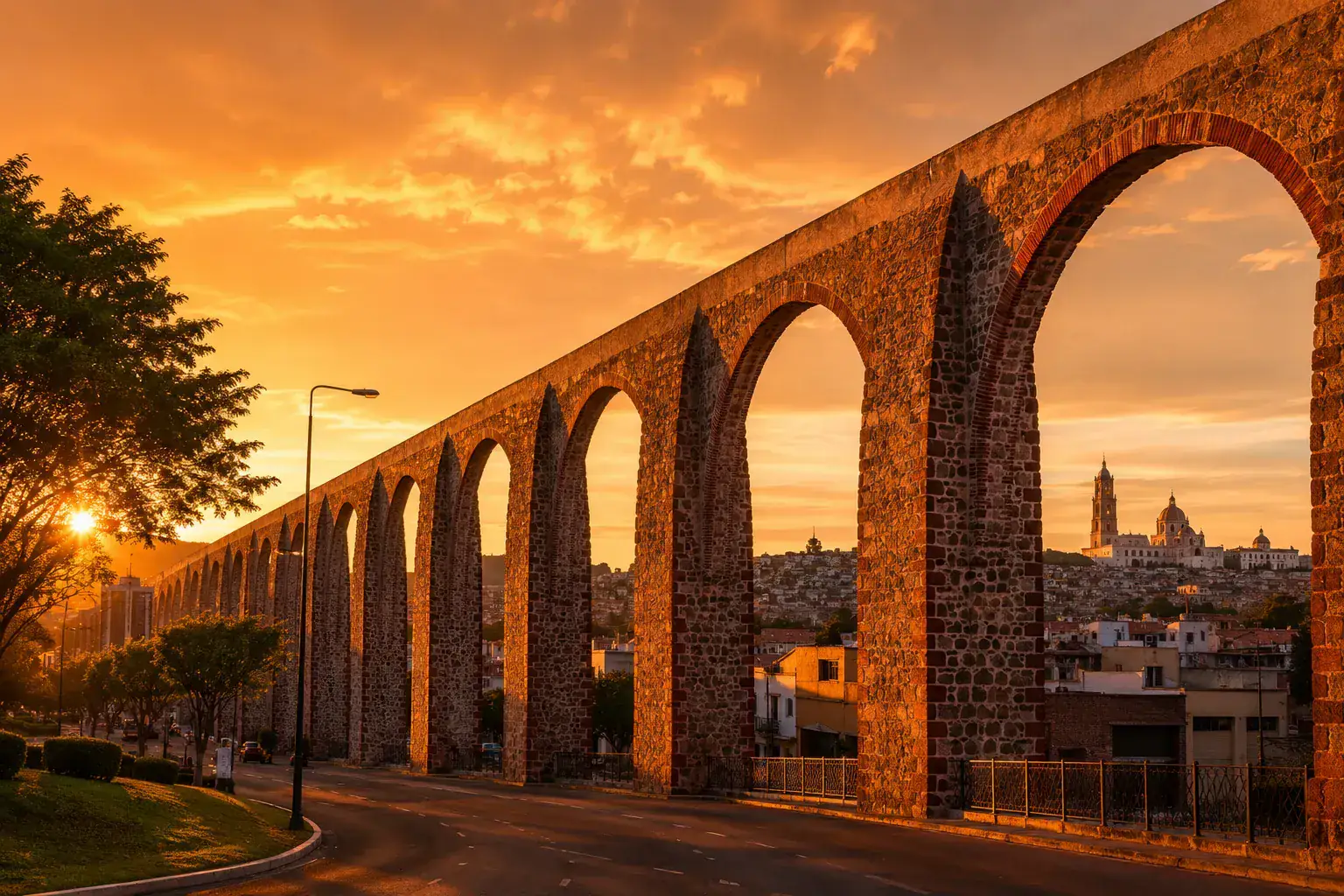 Acueducto de Querétaro y Centro Histórico a la hora dorada